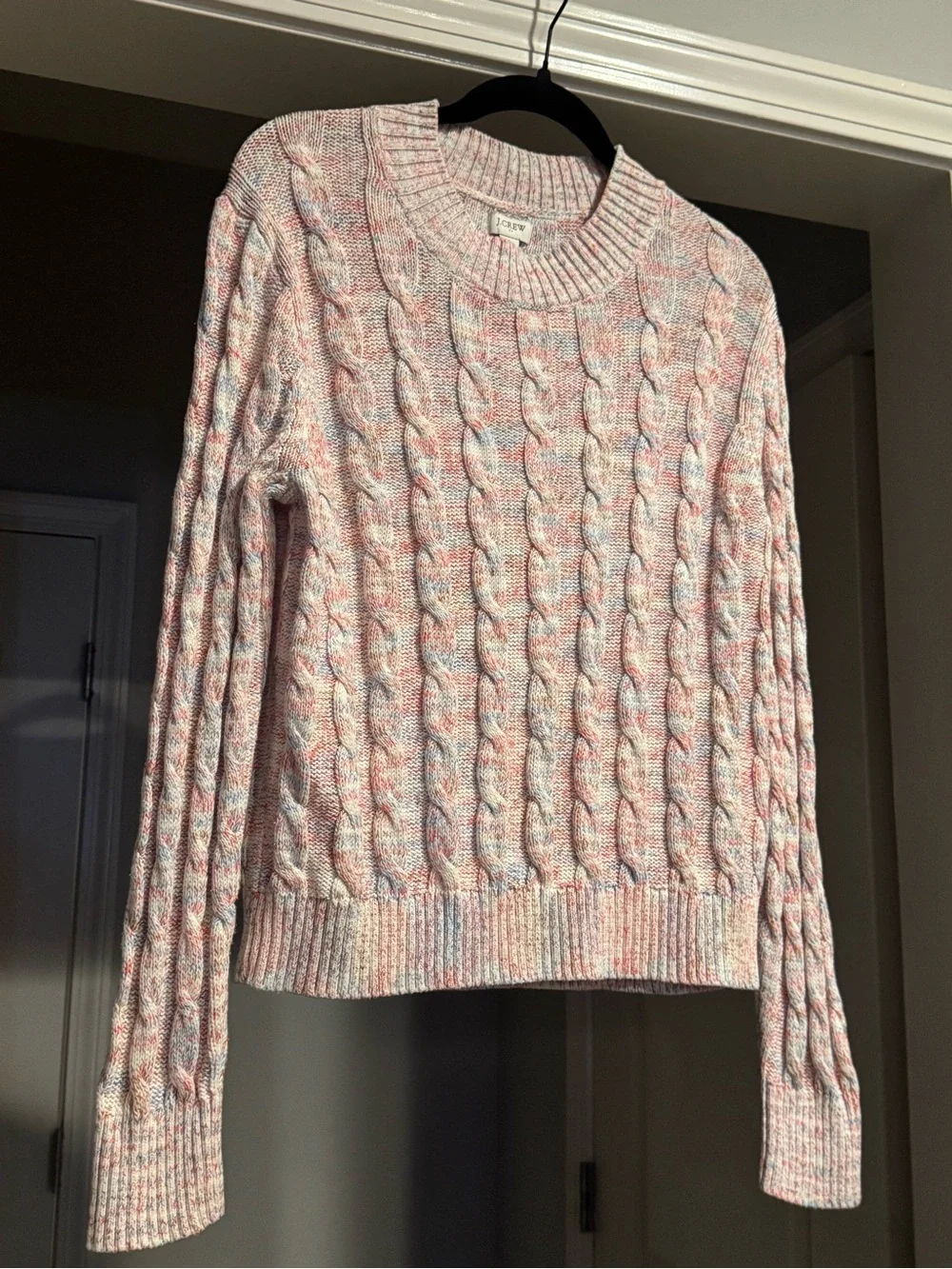 J. Crew Women’s Cable Knit Marled Cotton Blend Crewneck Sweater Pink Blue L